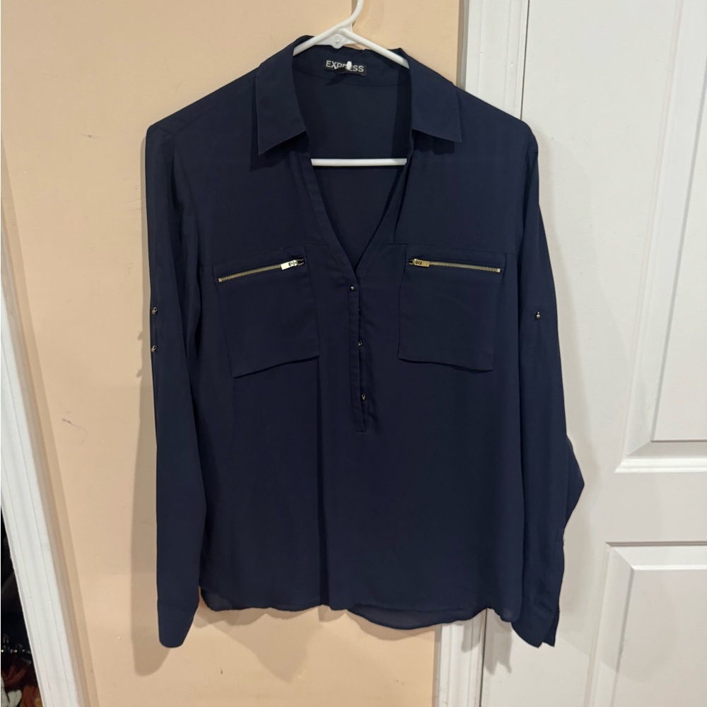 Express Women's Navy Blouse with Gold Zipper Details - Picture 7 of 13